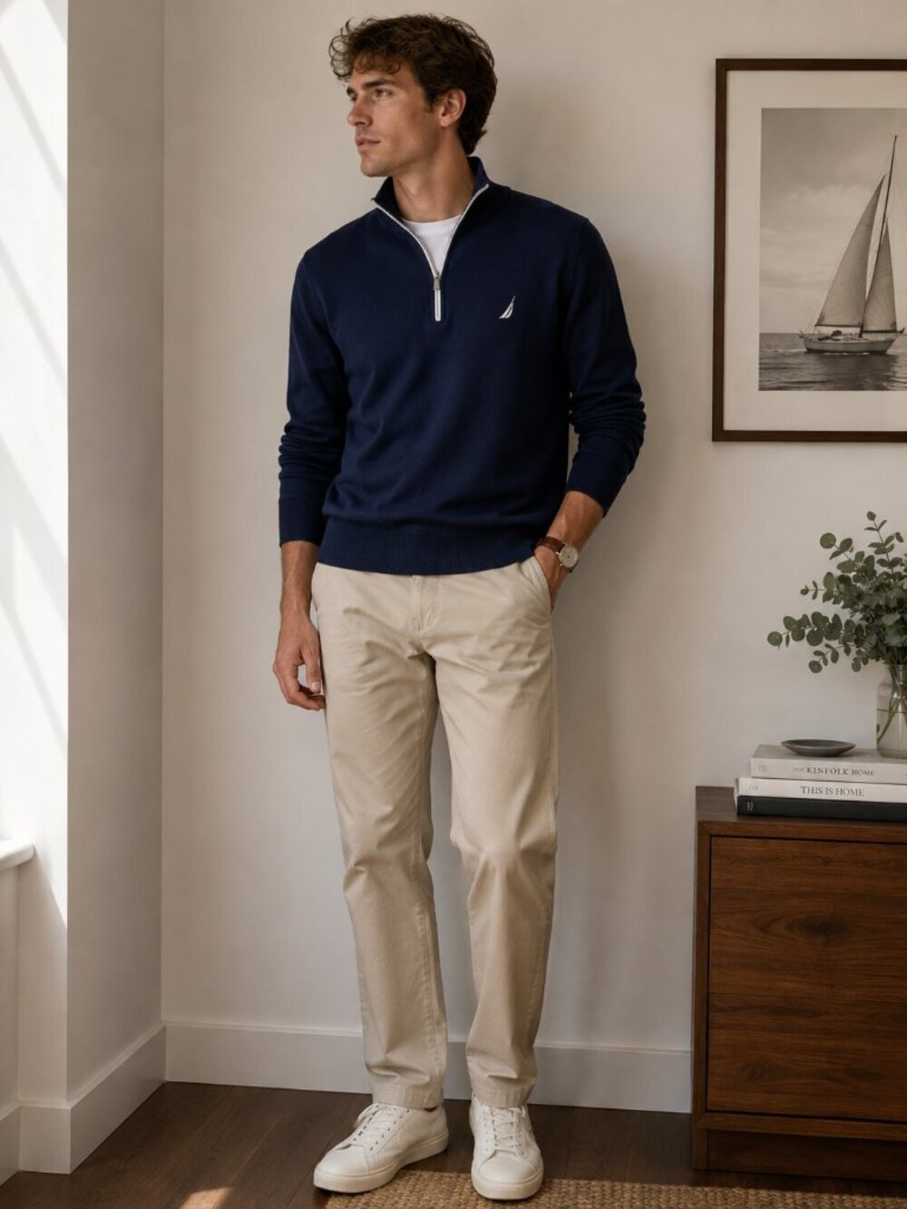 Nautica Men’s Navy Blue Quarter Zip Pullover Sweater Preppy Coastal Size L